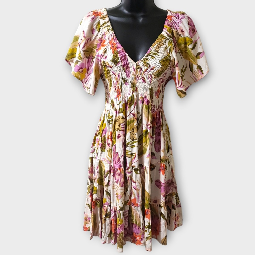 Angie Floral Smocked Tiered Babydoll Dress Ivory Pink Green Rayon Size Medium
